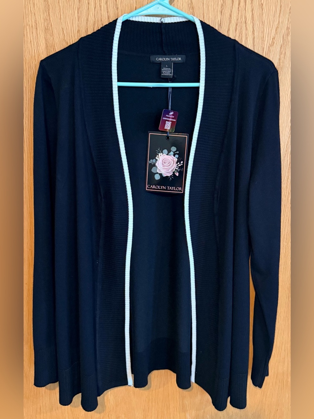 Carolyn Taylor Black Open-Front Cardigan with White Trim